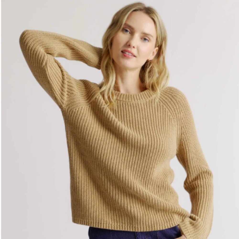 Quince 100% Organic Cotton Fisherman Crew Sweater in Camel